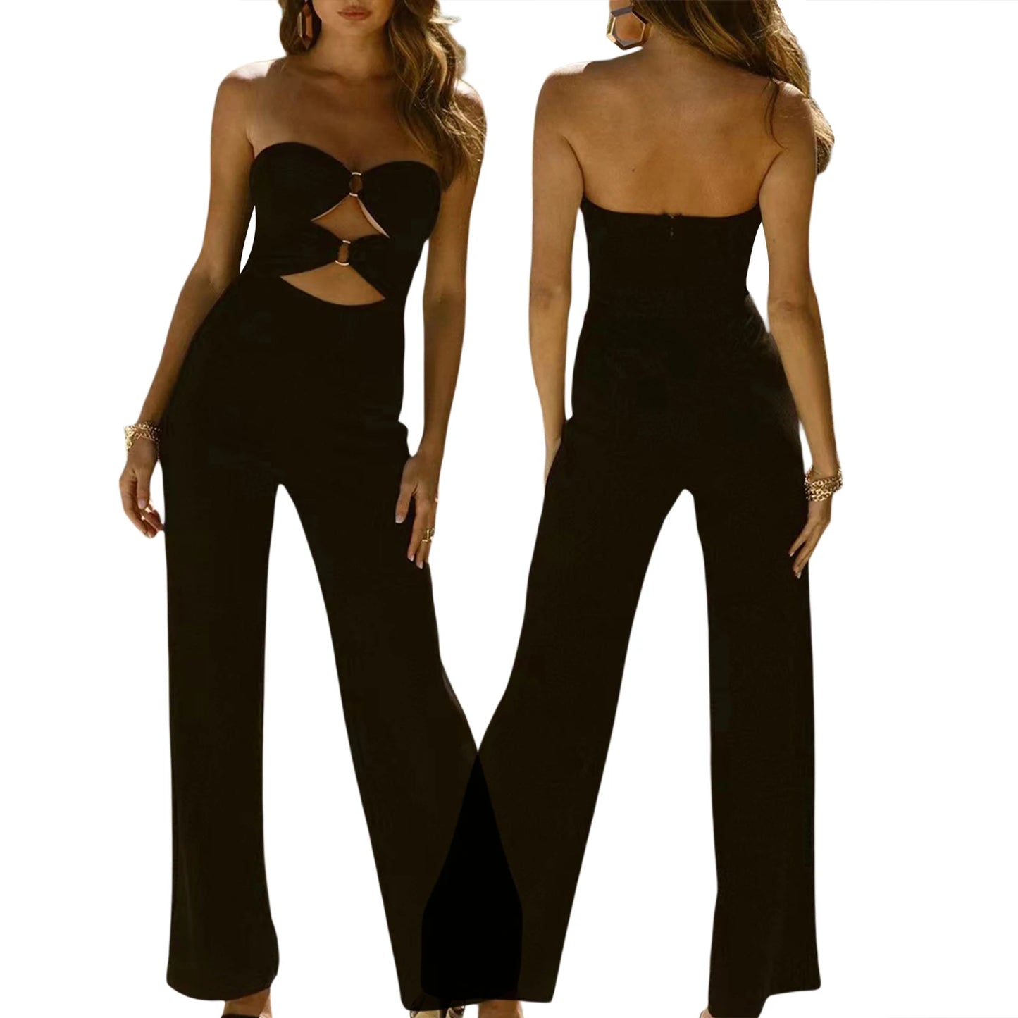 Sleeveless Strapless Solid Color Backless Metal Ring Linked Wide Leg Tube Jumpsuit