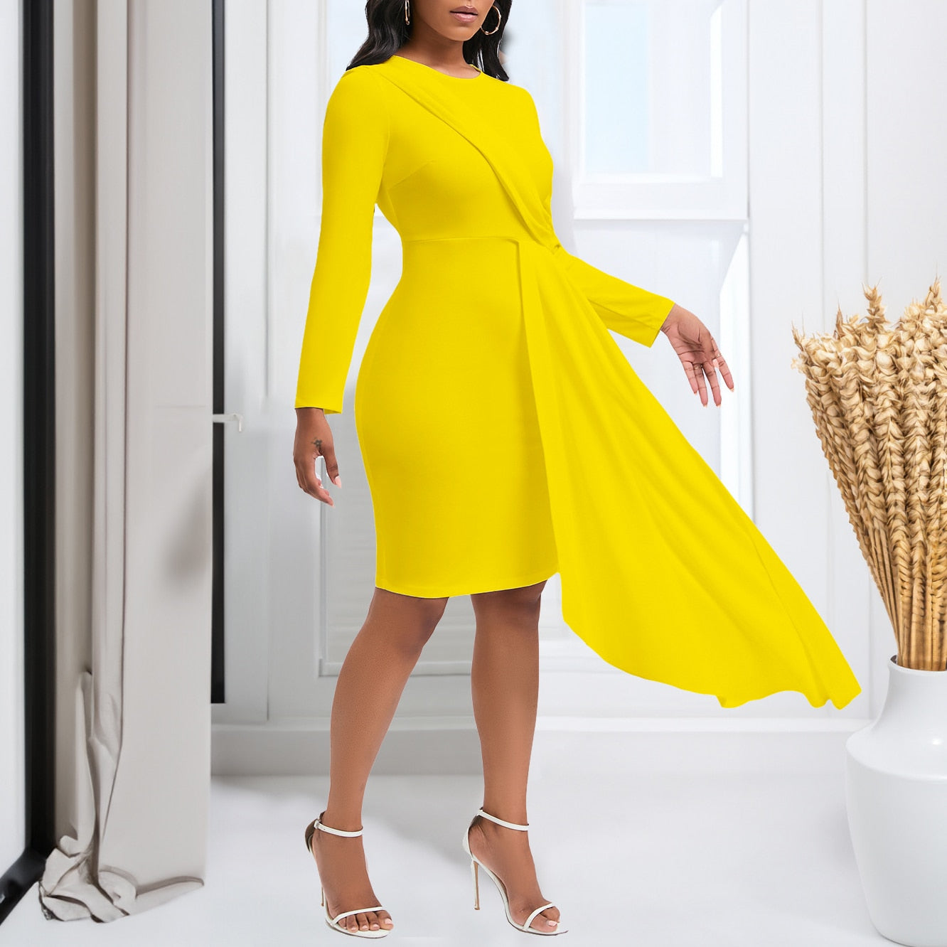 Asymmetrical Long Hem Full Sleeve Bodycon Party/Wedding/Cocktail Midi Dress