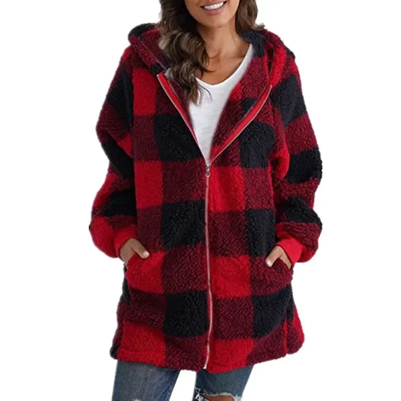 Plaid Long Sleeve Hooded Women's Loose Fit Pocketed Zipper Jacket