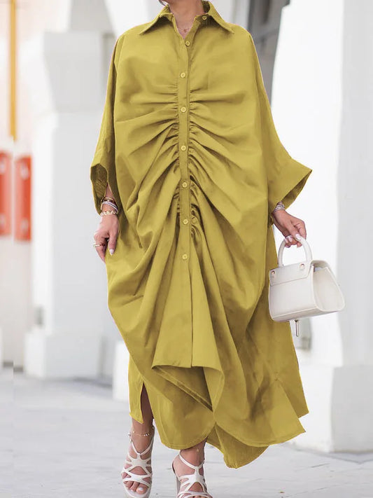 Oversized Ruched Gathered Long Sleeve Turn-Down Collar Button-Up High Street Maxi Shirt Dress