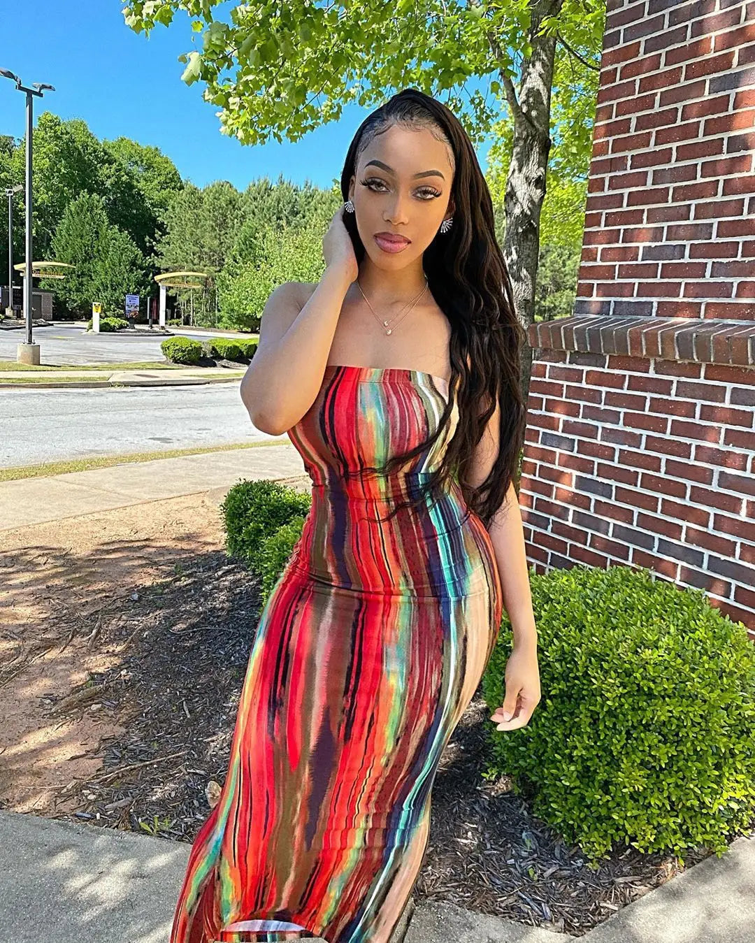 Sleeveless Tube Top Design/Long Sleeve Striped Colorblock Printed Bandage Skinny Maxi Dress