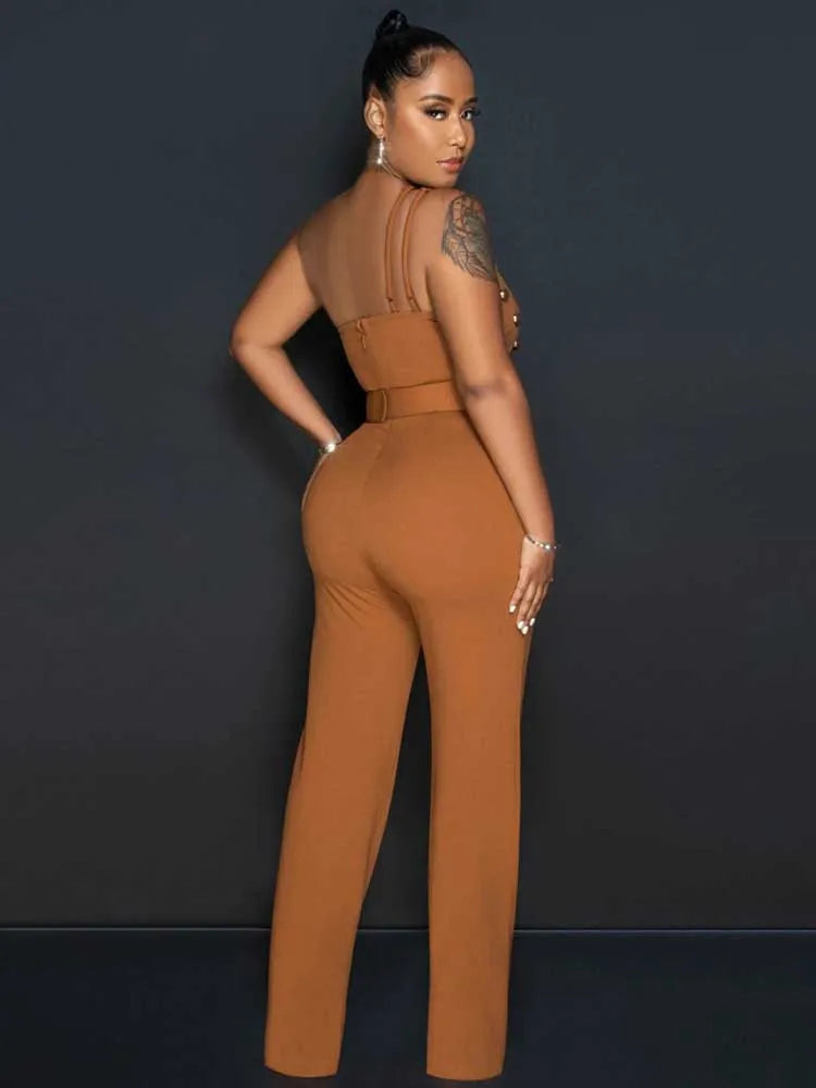 Stud Hollow-Out Design Sleeveless Asymmetrical One Shoulder Women's Backless Party Jumpsuit