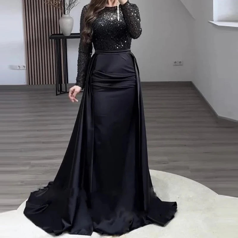 Lace Satin Crystal Sequin Patchwork O-Neck Long Sleeve Draped Pleated Solid Color Long Sleeve Formal Maxi Floor-Length Party Dress