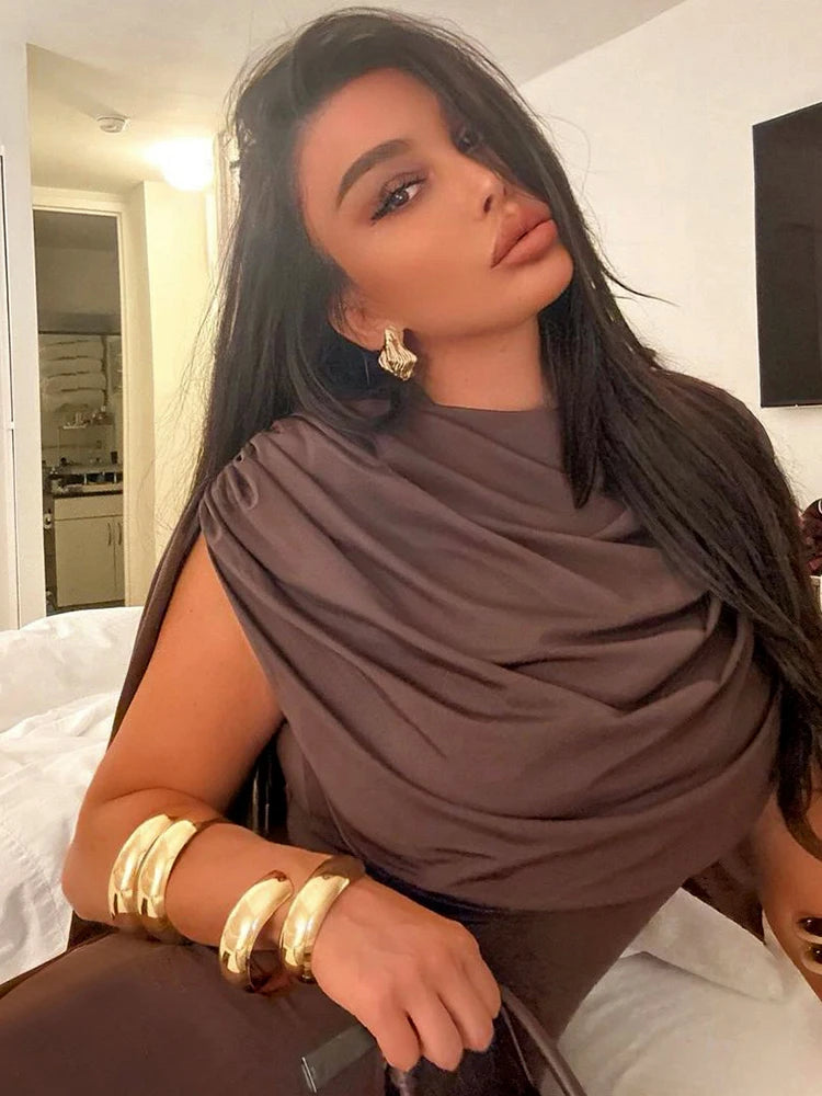 Brown Ruched Oversized Shawl Train Design Patchwork O-Neck Sleeveless Mini Bodycon Party Dress