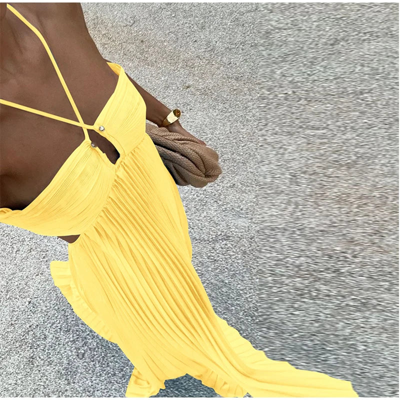 Pleated Halter Spaghetti Strap Backless Sleeveless Beach Maxi Dress