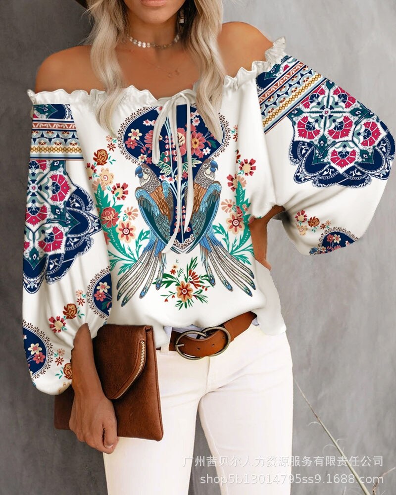 Off-the-Shoulder Long Sleeve Slash Neck Blouse