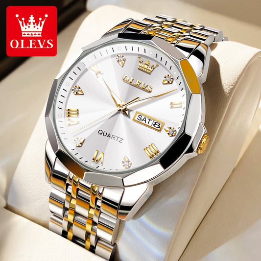 Dual Calendar Luxury Diamond Dial Waterproof Stainless Steel Strap Men's Watch