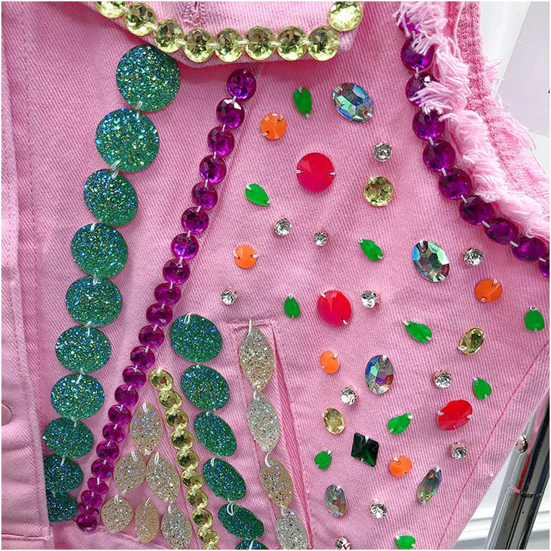 Pink Embellished Crystal Rhinestone Beading Denim Women's Vest