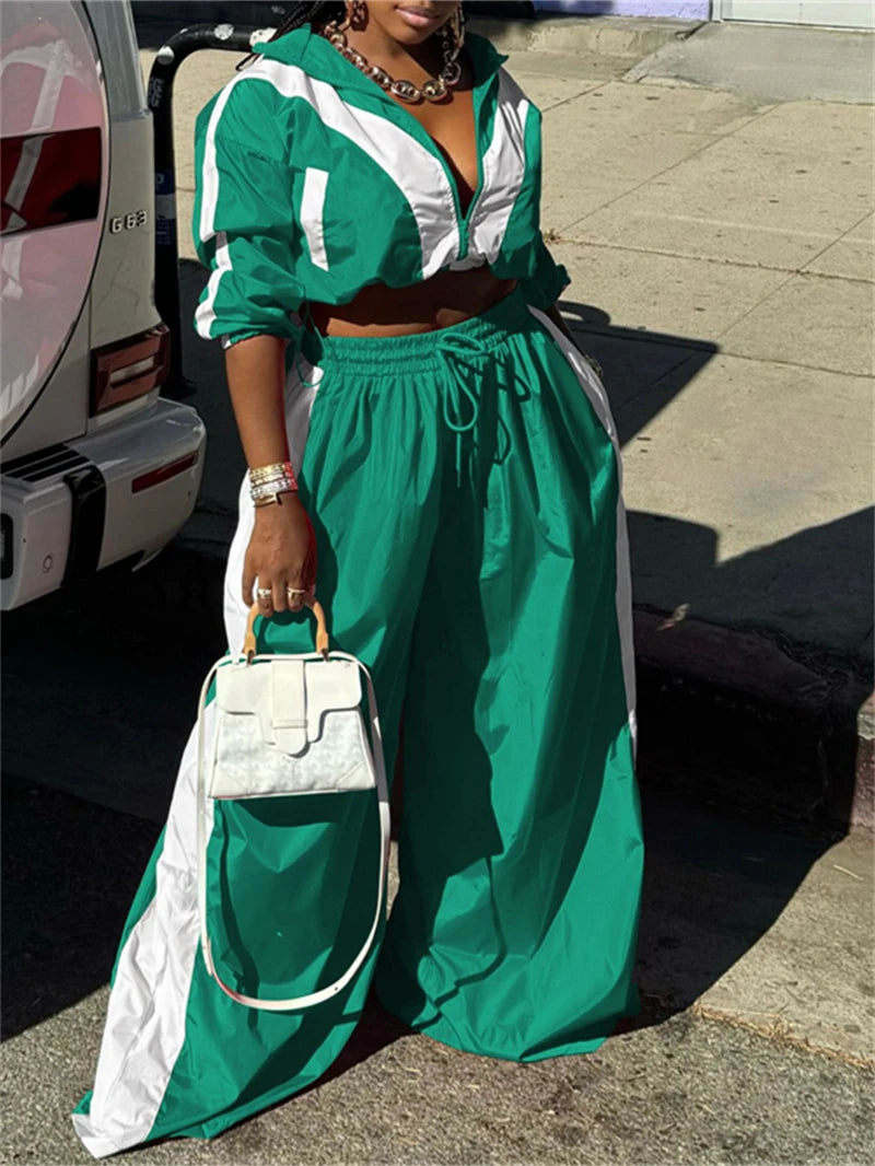 Streetwear Colorblock Women's Loose Crop Zipper Jacket + Wide Leg Pants Tracksuit