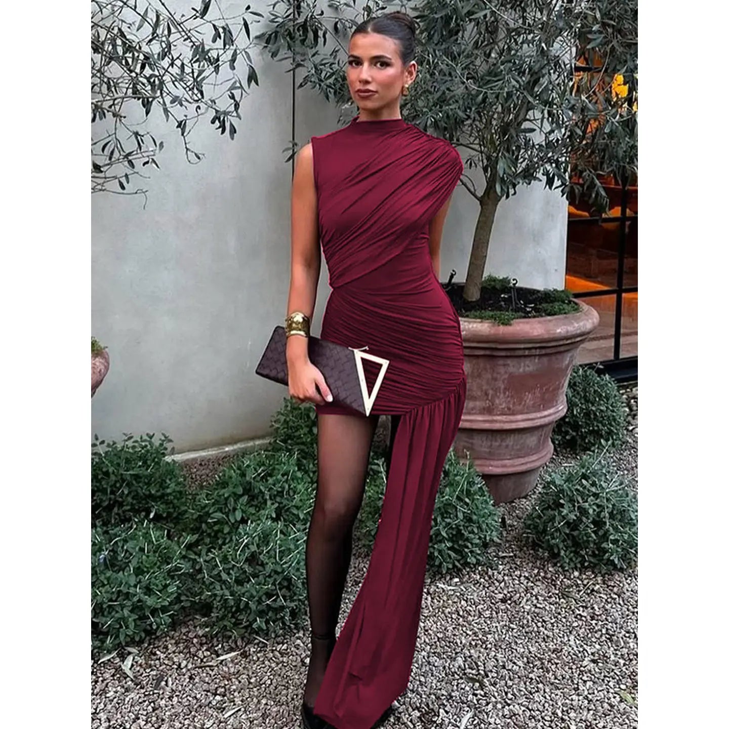 Ruched Asymmetrical Hanging Sash Train Sleeveless Formal Mini Party Dress