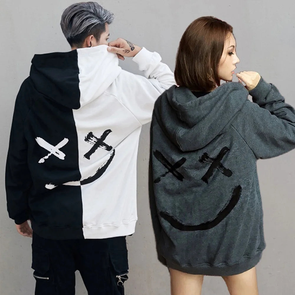 Colorblock Men's Smiley Face Print Patchwork Hip Hop Pullover Streetwear Hoodie Sweatshirt