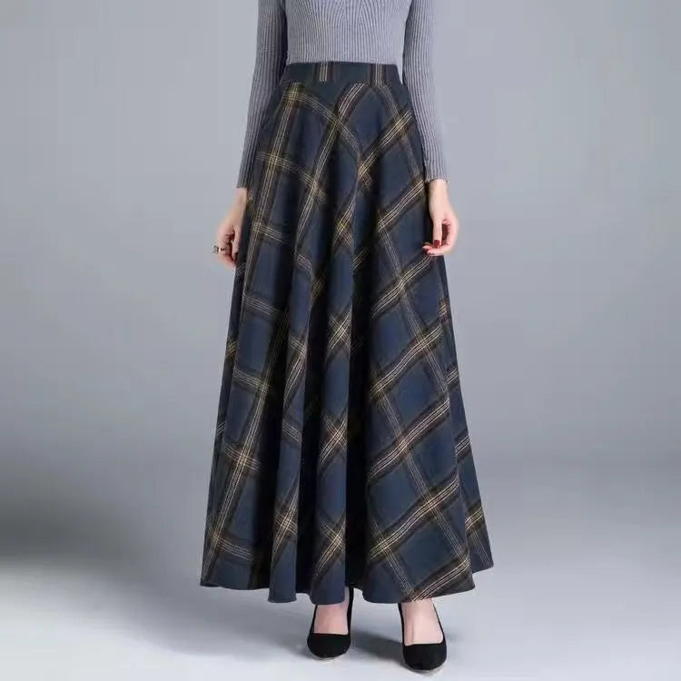 Flared High Waist Solid Wool Elastic A-Line Maxi Skirt