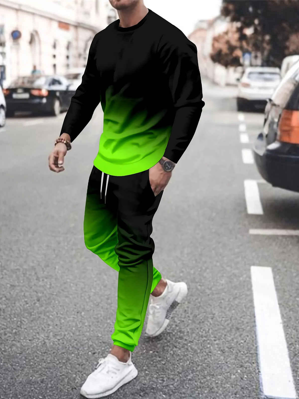 Men's Hip-Hop Rainbow/Gradient/Colorblock/Plaid Checker Print Long Sleeve T-Shirt + Pants Sportswear 2-Piece Set