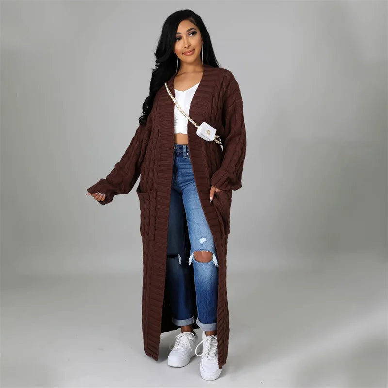 Knitted Weave Pattern Ribbed Maxi Cardigan Sweater