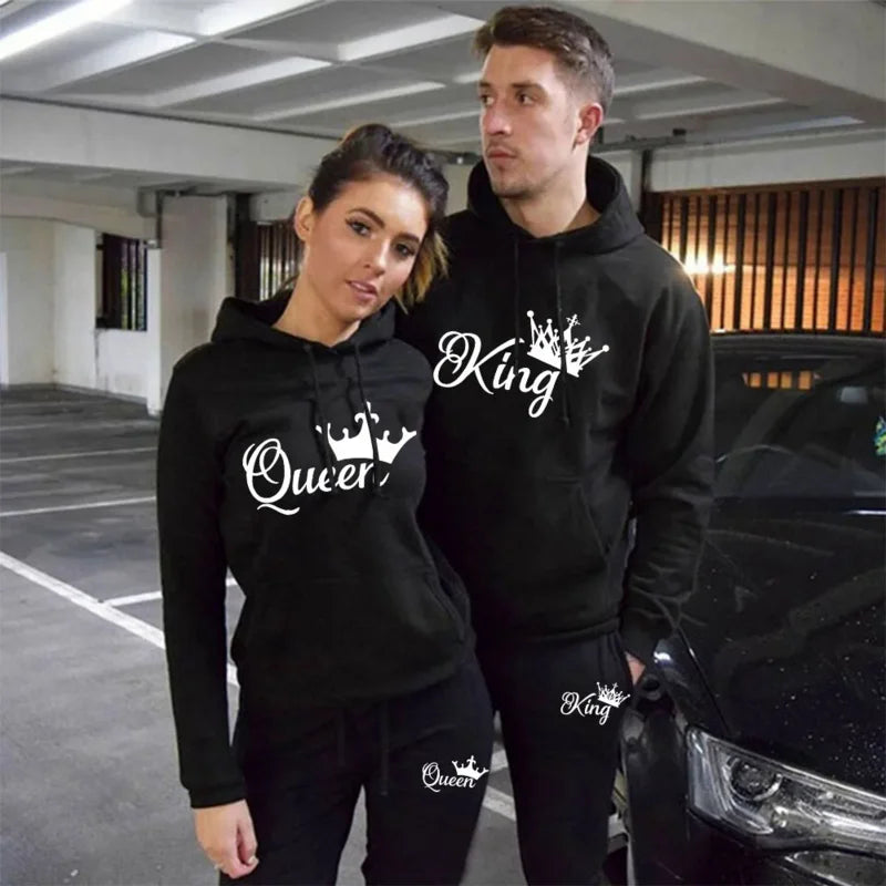 Unisex "King or Queen" Crown Print Couples Matching Hoodie Sweatshirt + Pants Tracksuit
