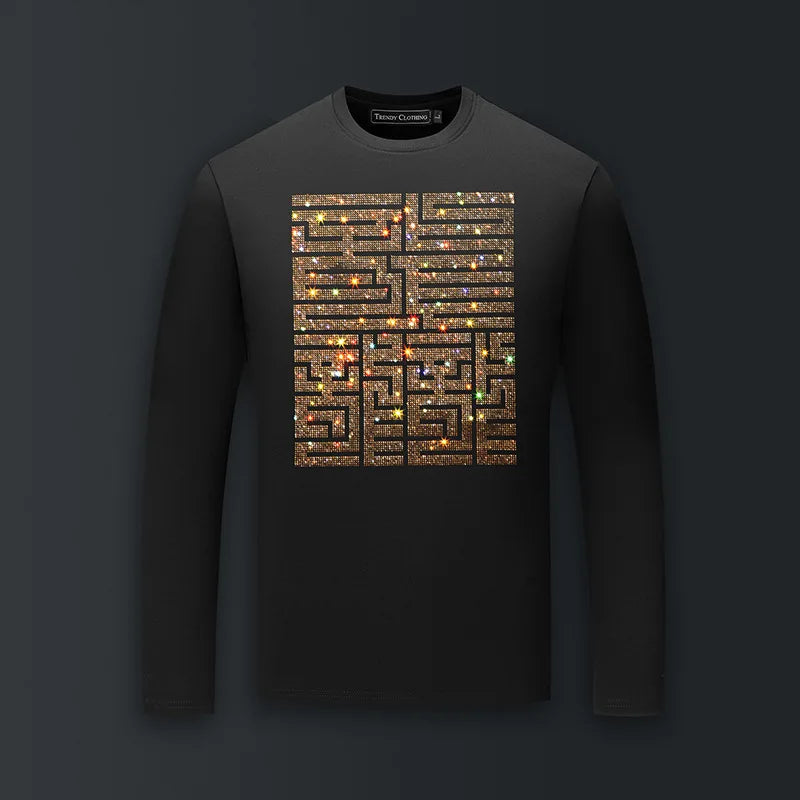 Gold Metallic Men's Rhinestone Streetwear O-Neck Long Sleeve Skinny Fit Modal Cotton T-Shirt