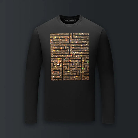 Gold Metallic Men's Rhinestone Streetwear O-Neck Long Sleeve Skinny Fit Modal Cotton T-Shirt