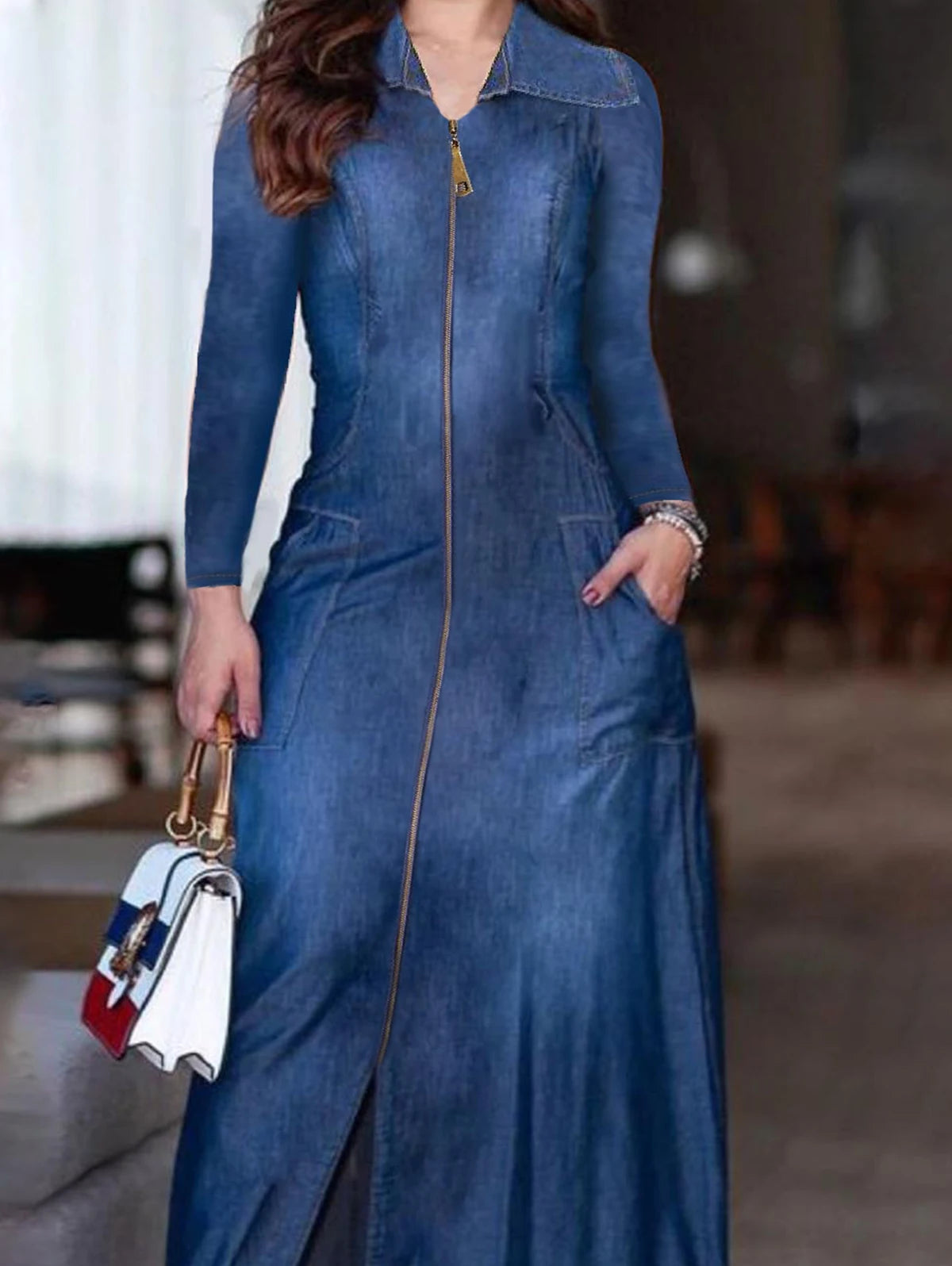 Vintage Denim A-Line Long Sleeve Zipper Pocket Maxi Jean Dress