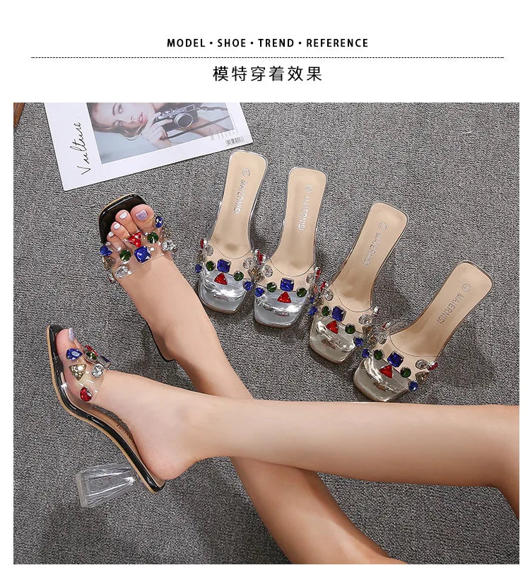 PVC Transparent Clear Crystal Rainbow Rhinestone Embellished Open Toe Low Heel Women's Sandals