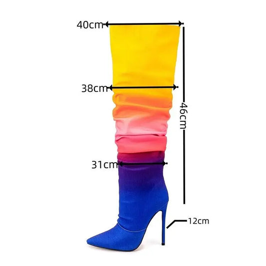 Rainbow Gradient Ruched Pointed Thin Heel Women's Stacked High Heel Boots