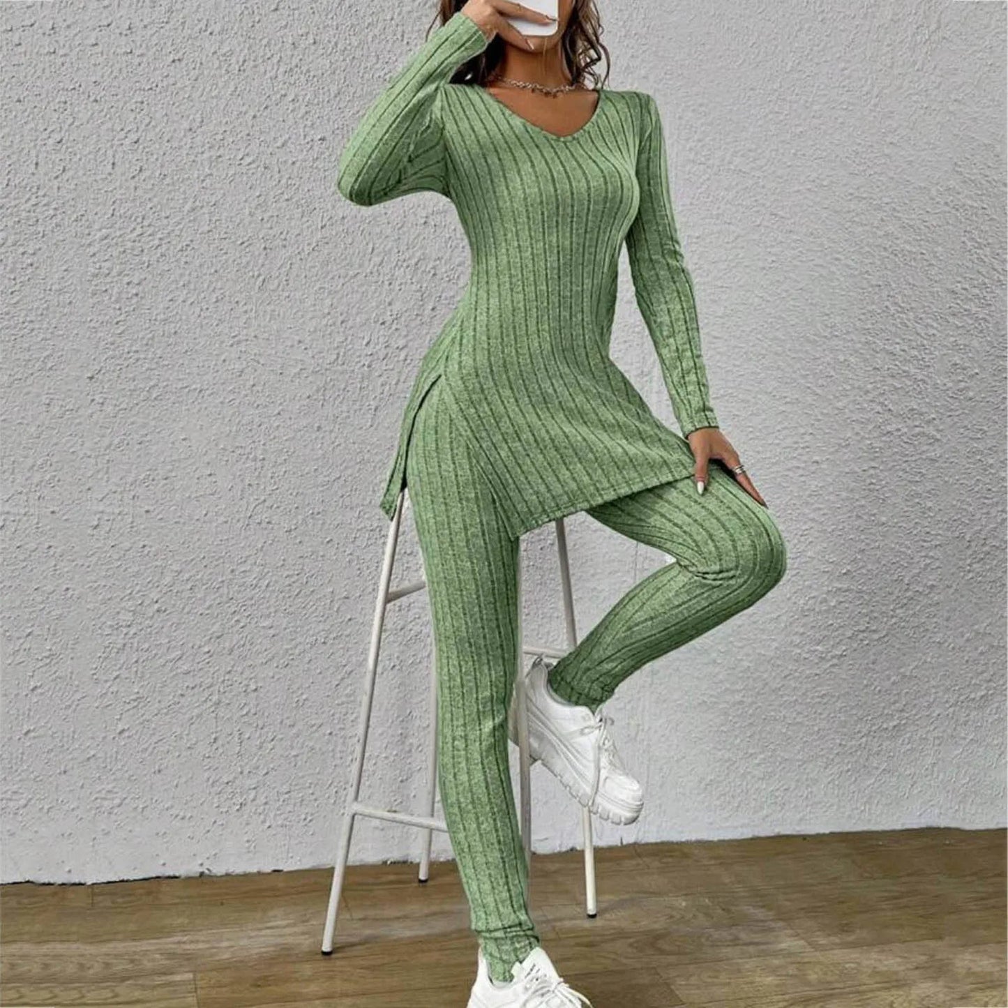 Ribbed Knitted Long Sleeve Women's Tunic Shirt + Leggings 2-Piece Set