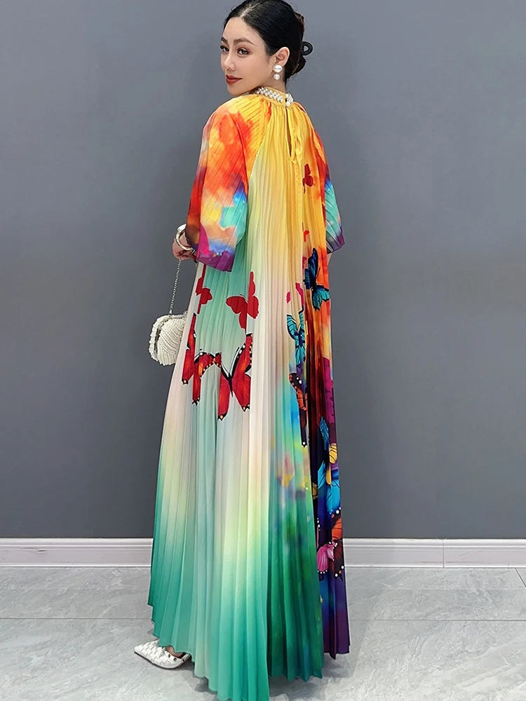 Pleated Printed Diamond Inlaid Butterfly Flower Print Maxi Dress ONE SIZE