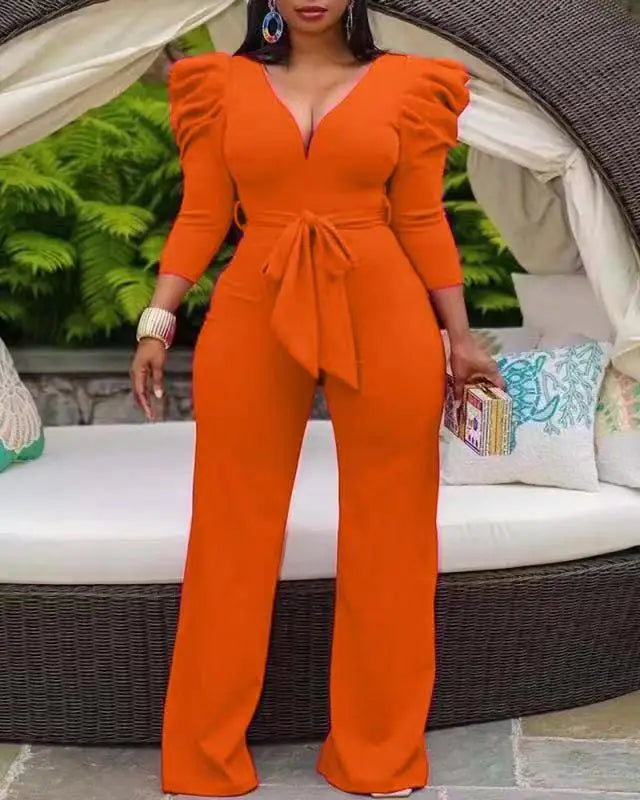 Sash Bowtie Belt/Ruffled Deep V-Neck Puff Sleeve Jumpsuit