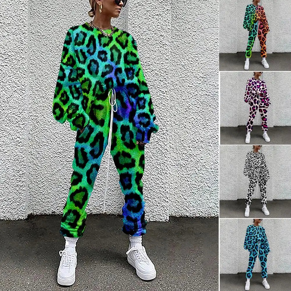 Leopard Women's O-Neck Relaxed Fit 3D Digital Print Long Sleeve Top + Drawstring Streetwear Sweatpants Tracksuit