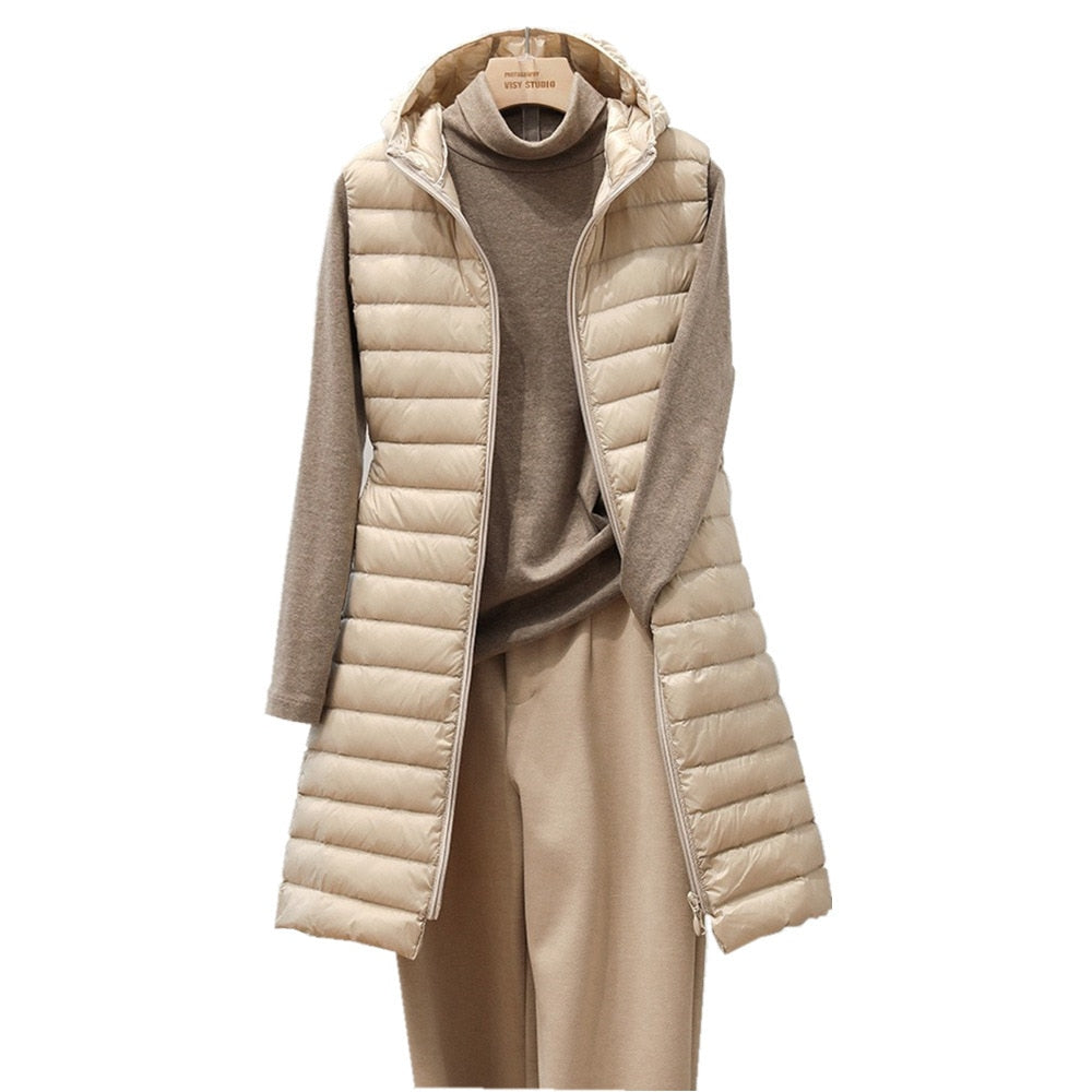 Hooded Lightweight Padded Cotton Down Maxi Vest