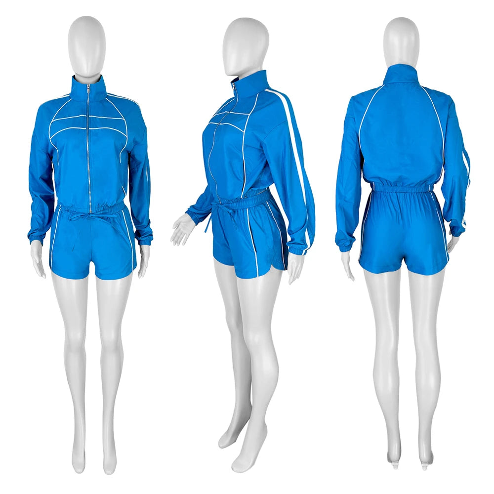 Side Striped Women's Long Sleeve Fitness Zipper Jacket + Mini Gym Shorts 2-Piece Tracksuit