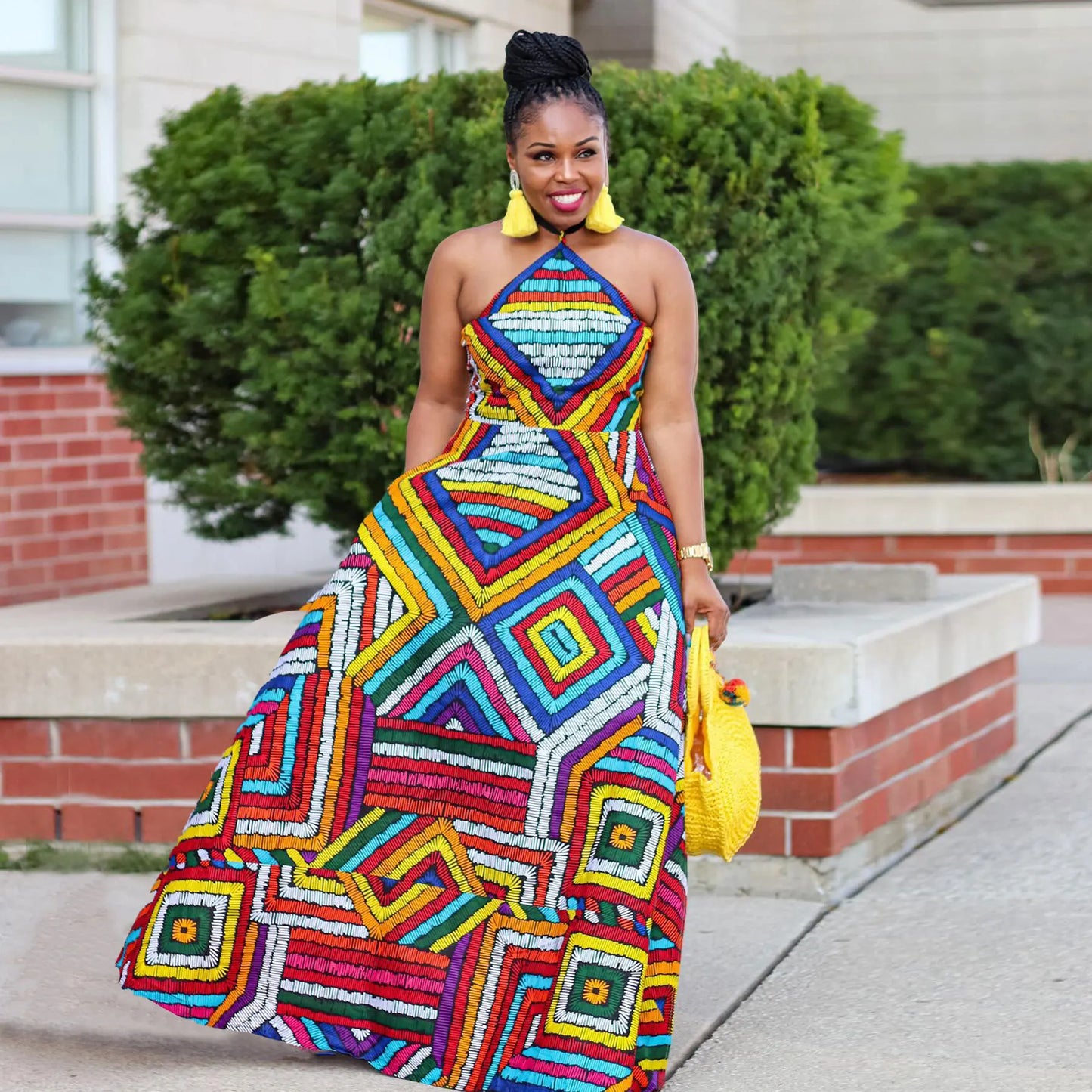 Geometric Abstract African Sleeveless Dashiki Print Spaghetti Strap Maxi Sundress