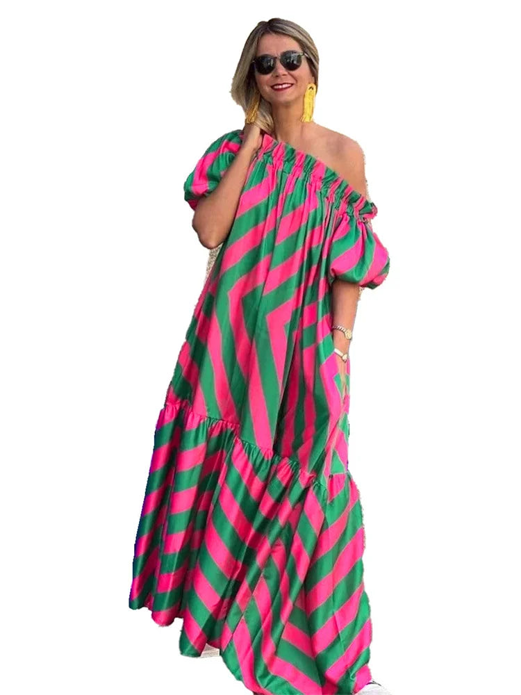 Oversized Striped Off-the-Shoulder Plus Size Bohemian Print Short Sleeve Loose Ruffled Hem Maxi Dress