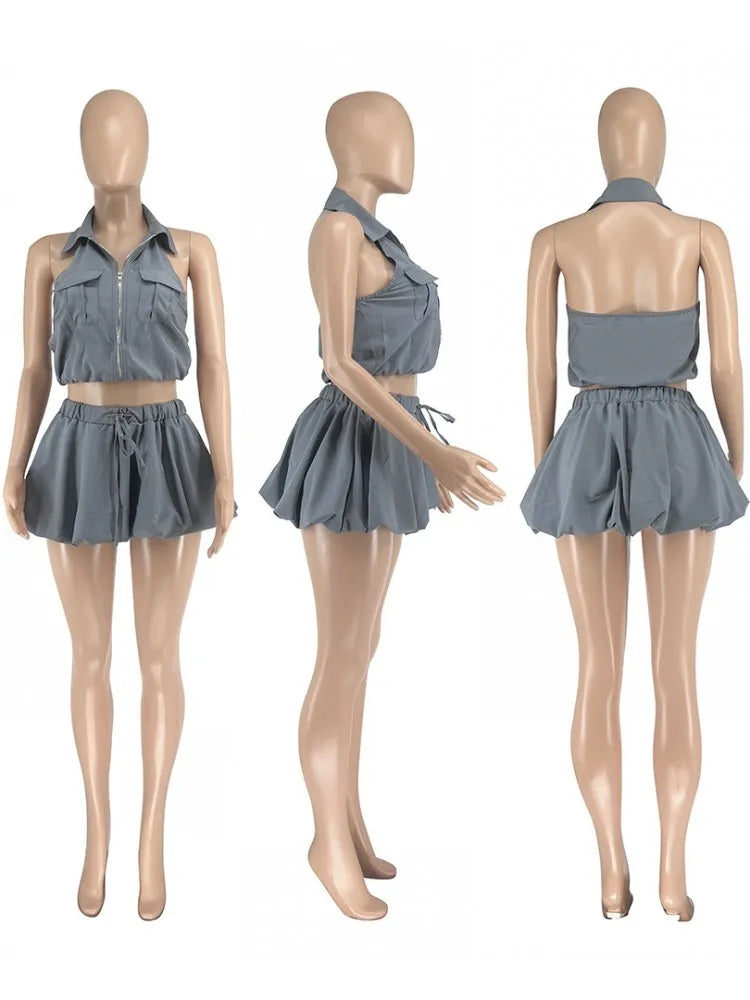 Sleeveless Cargo Pocketed Zipper Crop Top + Ruffled Pleated Elastic Waist Mini Tennis Skirt Women's 2-Piece Set