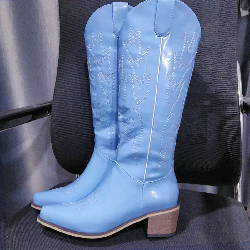 Red/Baby Blue Western Embroidered Pointed Thick Heel Women's Cowgirl Rodeo Knee-High Boots