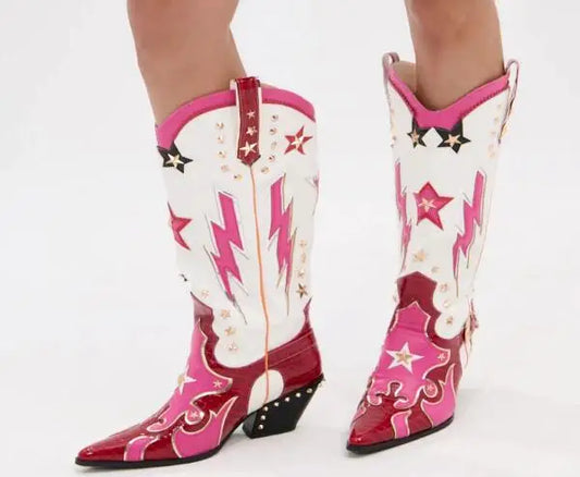 White/Pink/Burgundy Leather Western Women's Pointed Toe Metallic Star Lightning Bolt Stud Design Block Heel Knee High Cowgirl Rodeo Boots