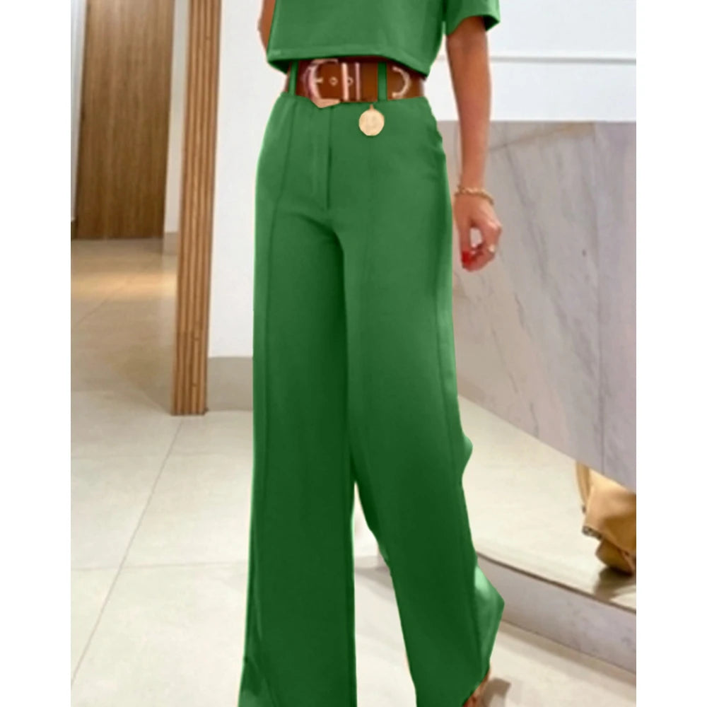 Solid Half Sleeve Crop Blouse & Wide Leg Pants 2-Piece Set