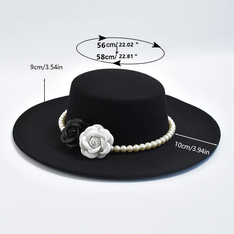 French Rose Flower Pearl Decor Wide Brim Flat Top Felt Derby Fedora Hat