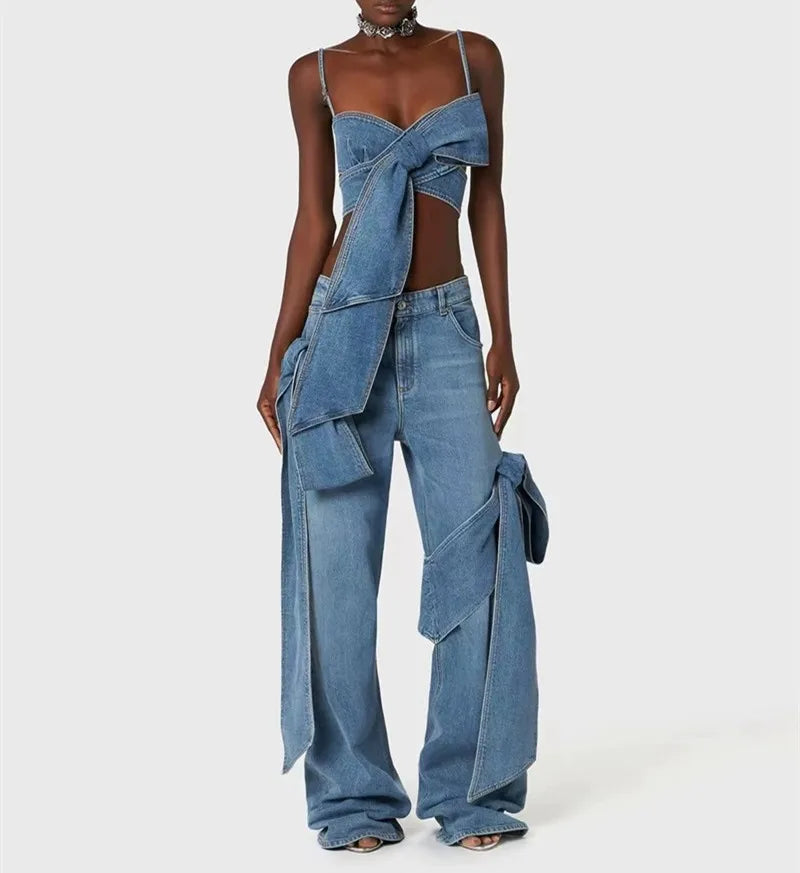 Denim Oversized Bowtie Detail Bandage Crop Top + High Waist Wide Leg Cargo Jeans Ladies 2-Piece Set