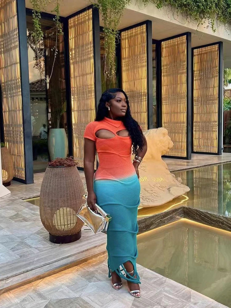 Orange/Turquoise Tassel Fringe Hem Colorblock Ripped Hem Hollow-Out Knitted Short Sleeve Bodycon Maxi Dress