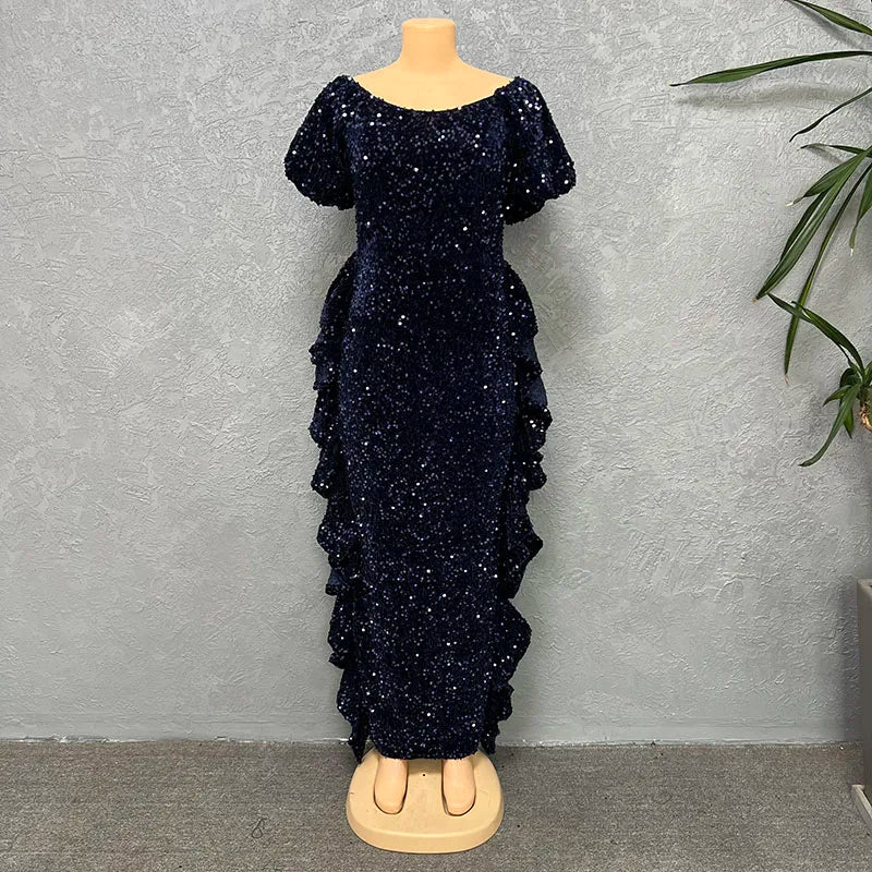 Off-the-Shoulder Sequin Bodycon Tiered Ruffle Evening Gown Formal Dress