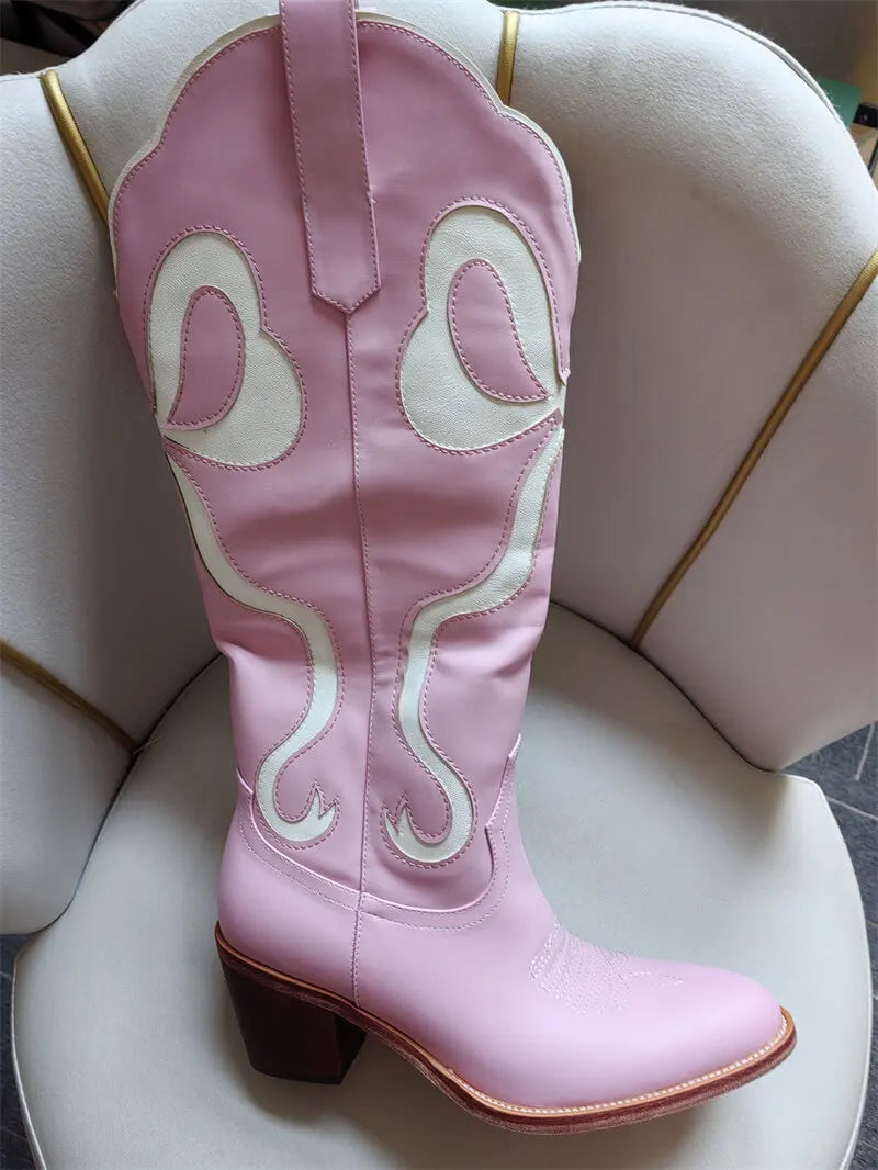 White Pull-on Knee High Women's Cowgirl Rodeo Boots