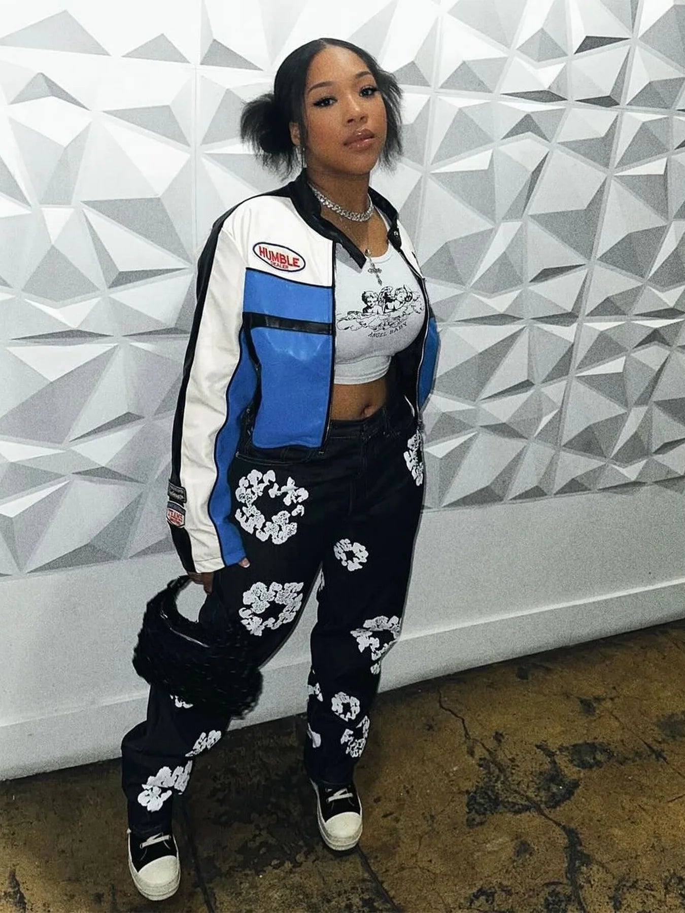 Denim Big White Flower Print Women's High Waist Streetwear Jeans