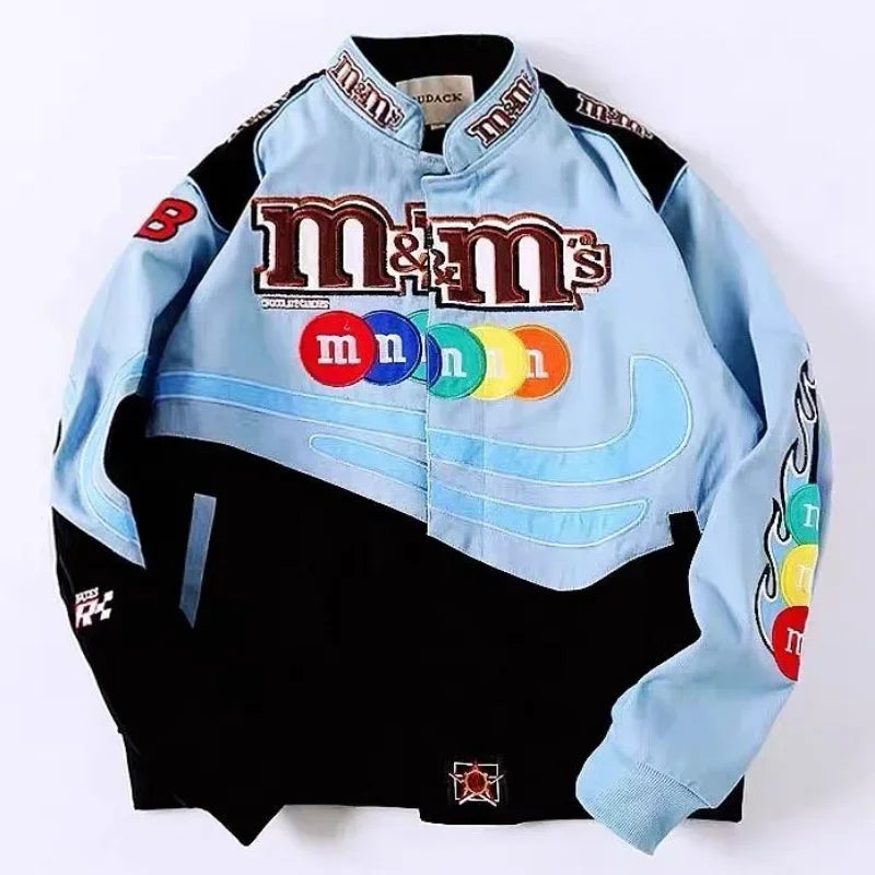 "M&M's" Embroidered Patchwork Unisex Design Biker Bomber Jacket
