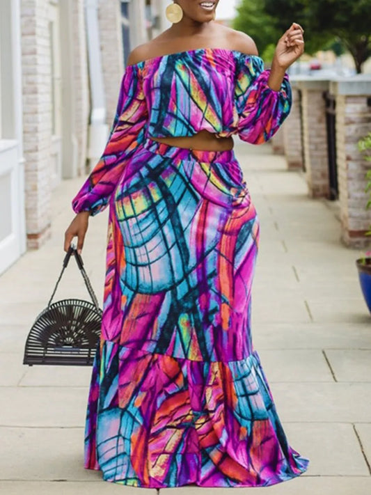 Geometric Abstract Print Off-the-Shoulder Long Sleeve Crop Top & A-Line Maxi Skirt 2-Piece Set to 5X Plus Size