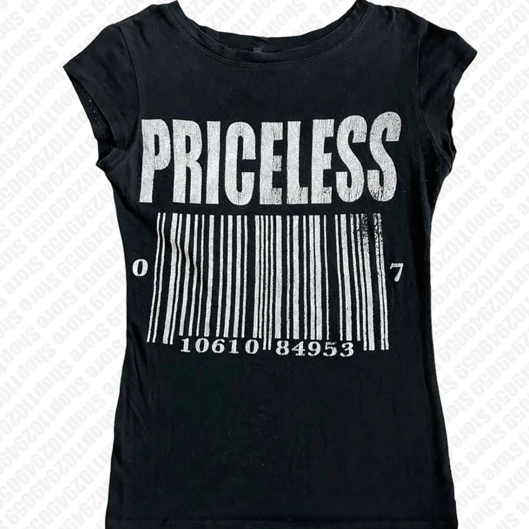 Vintage Black 3D Barcode "Priceless"Letter Print Short Sleeve Women's T-Shirt/Crop Top