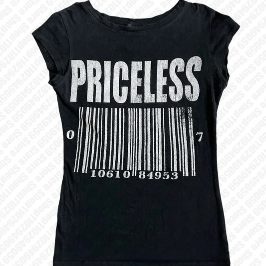 Vintage Black 3D Barcode "Priceless"Letter Print Short Sleeve Women's T-Shirt/Crop Top