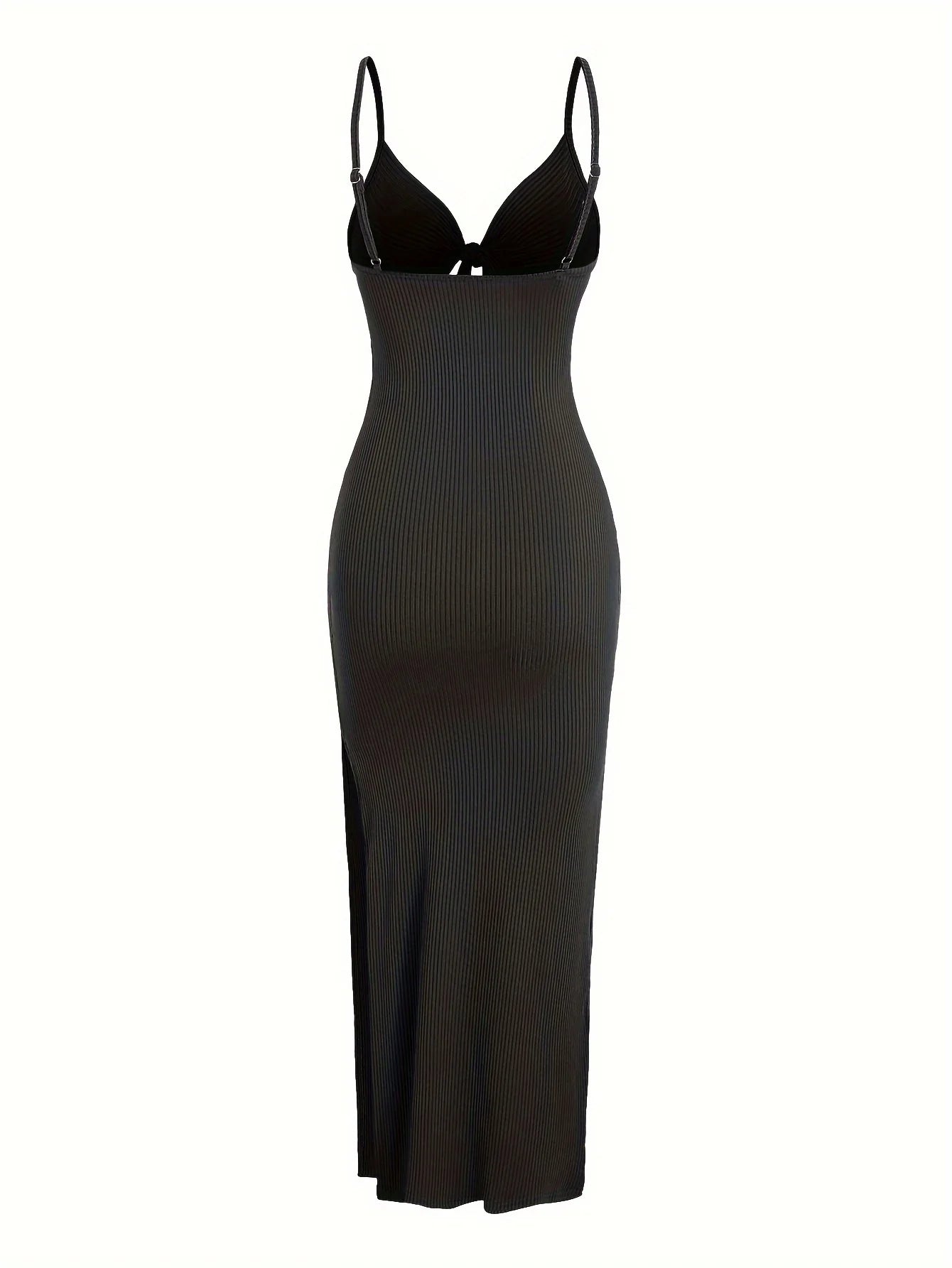 Ribbed Bowknot Design Spaghetti Strap V-Neck Knitted Sleeveless Solid Color High Slit Maxi Dress
