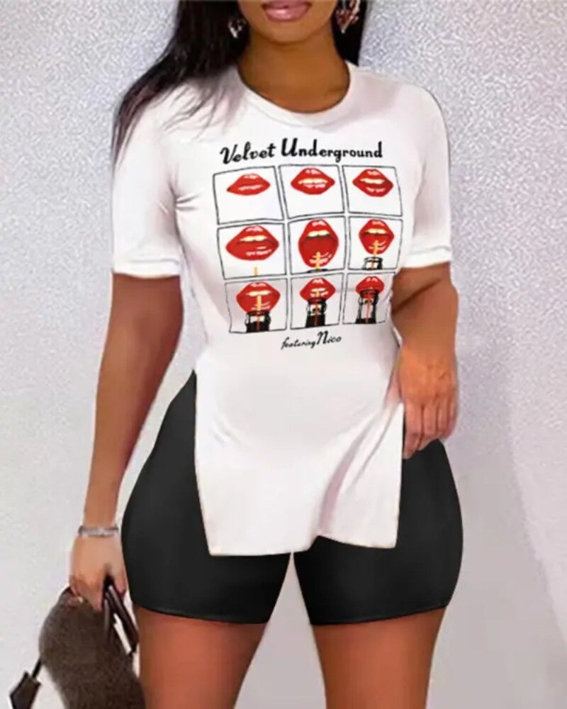 Graphic Print Women's Short Sleeve T-Shirt & Mini Shorts 2-Piece Set