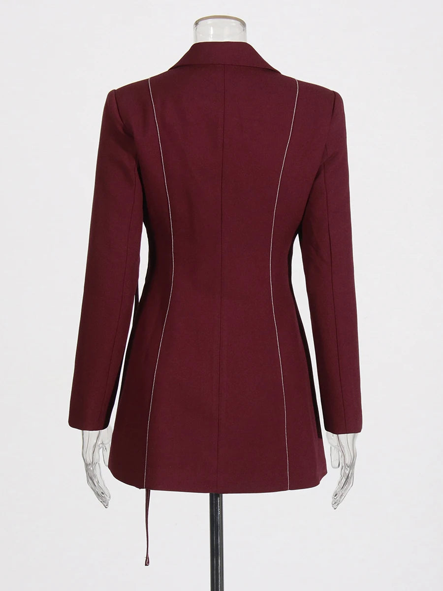 Burgundy Irregular Notched Collar Double Strap Design Blazer Jacket + High Waist Straight Pants Women's Formal Suit