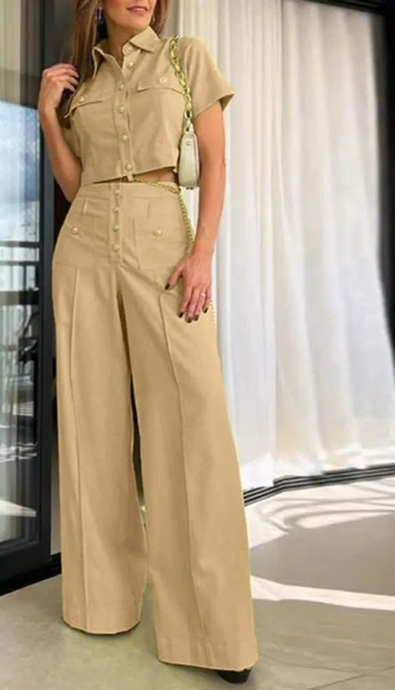 Button Up Solid Color Short Sleeve Cropped Blouse + Button Design Pleated Wide Leg Pant Ladies 2-Piece Sets to 5X